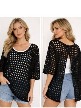 Clara Sun Woo Women's Black Perforated Relaxed Fit Top Back Slit Size Large